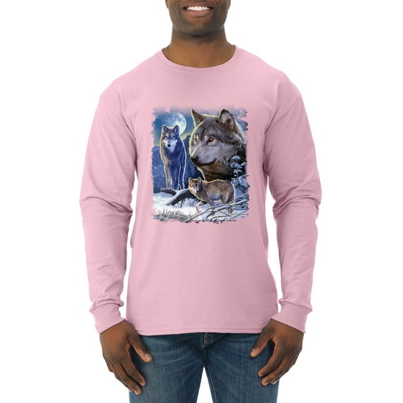 Wolves and the Moon in the Winter Night | Mens Animal Lover Long Sleeve T-Shirt, Light Pink, X-Large