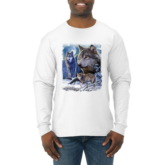 Wolves and the Moon in the Winter Night | Mens Animal Lover Long Sleeve T-Shirt, White, 3XL