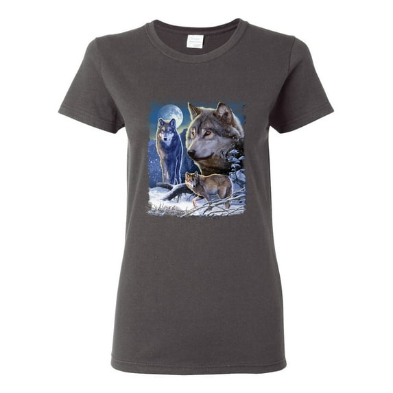 Wolves and the Moon in the Winter Night | Womens Animal Lover Graphic T-Shirt, Charcoal, 2XL