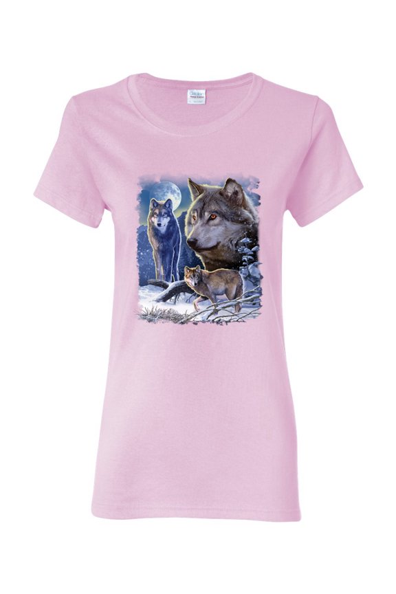 Wolves and the Moon in the Winter Night | Womens Animal Lover Graphic T-Shirt, Light Pink, 2XL