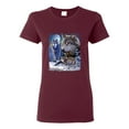thumbnail image 1 of Wolves and the Moon in the Winter Night | Womens Animal Lover Graphic T-Shirt, Maroon, X-Large, 1 of 3