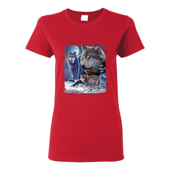 Wolves and the Moon in the Winter Night | Womens Animal Lover Graphic T-Shirt, Red, Small