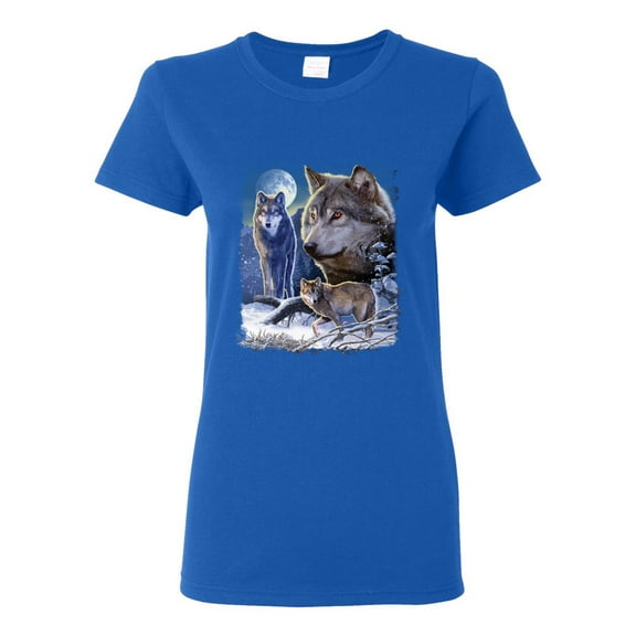 Wolves and the Moon in the Winter Night | Womens Animal Lover Graphic T-Shirt, Royal, Large