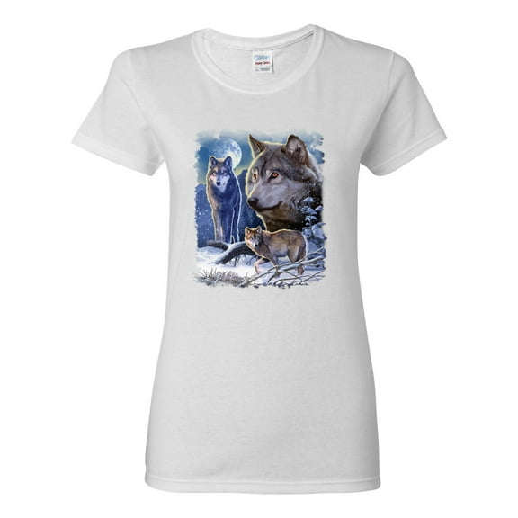 Wolves and the Moon in the Winter Night | Womens Animal Lover Graphic T-Shirt, White, 2XL