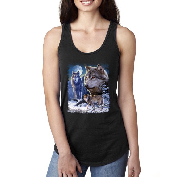 Wolves and the Moon in the Winter Night | Womens Animal Lover Jersey Racerback Tank Top, Black, Small