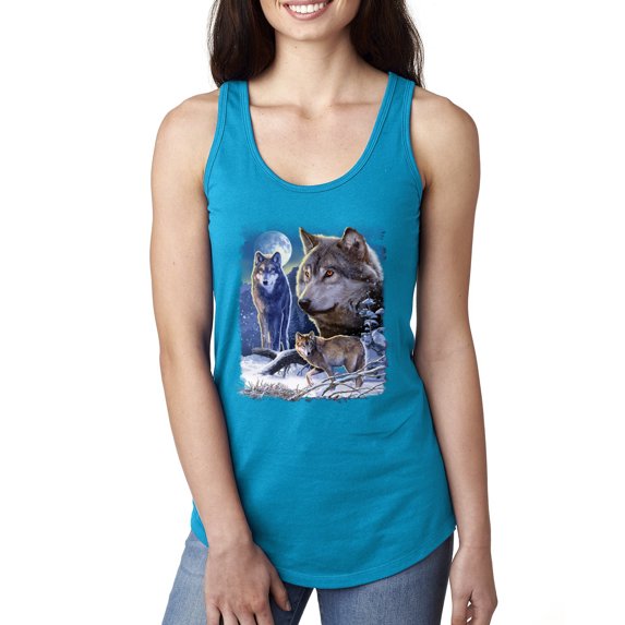 Wolves and the Moon in the Winter Night | Womens Animal Lover Jersey Racerback Tank Top, Turquoise, X-Large