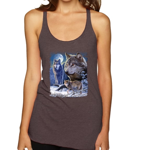 Wolves and the Moon in the Winter Night | Womens Animal Lover Premium Tri-Blend Racerback Tank Top, Brown, Large