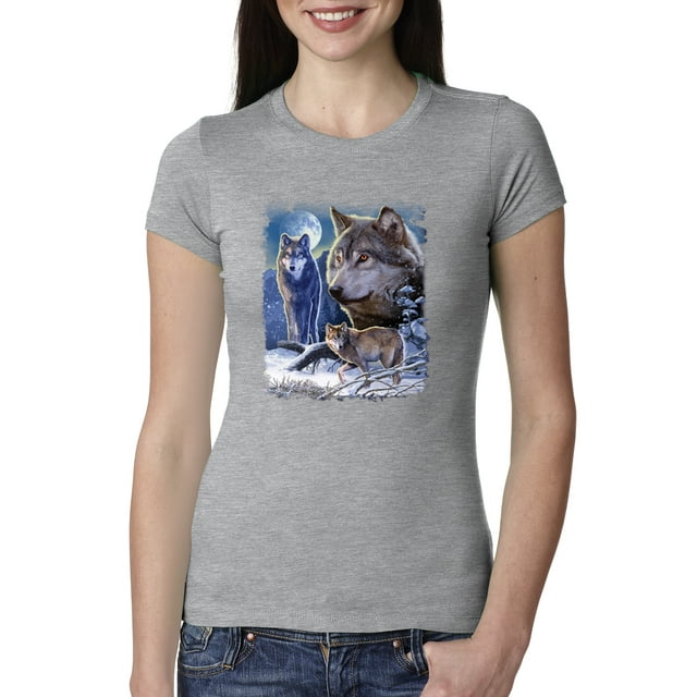 Wolves and the Moon in the Winter Night | Womens Animal Lover Slim Fit Junior Tee, Heather Grey, Medium