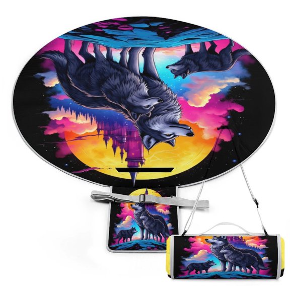 Wolves at Moonlit Castle 58" Round Waterproof Picnic Blanket - Foldable Outdoor Mat Extra Large, Durable for Grass, Beach Or Park