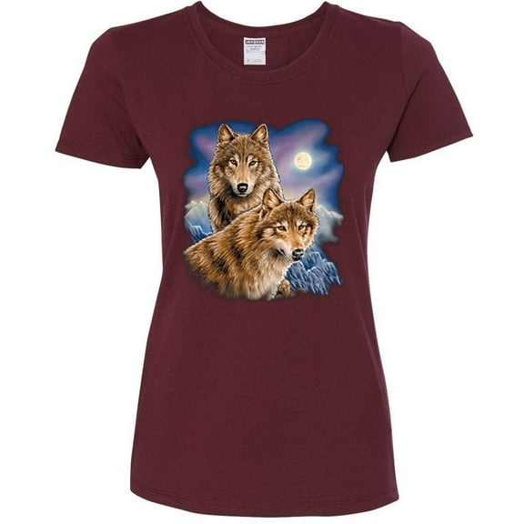 Wolves in Front of the Moon Animal Lover Womens Graphic T-Shirt