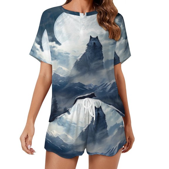 Wolves in The Moonlight 2 Pack Women’s Pajama Set Print Sleepwear And Shorts Y2k Loungewear Sets S-5XL