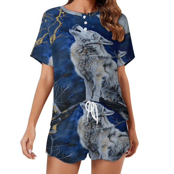 Wolves in The Moonlight 2 Pack Women’s Pajama Set Print Sleepwear And Shorts Y2k Loungewear Sets S-5XL