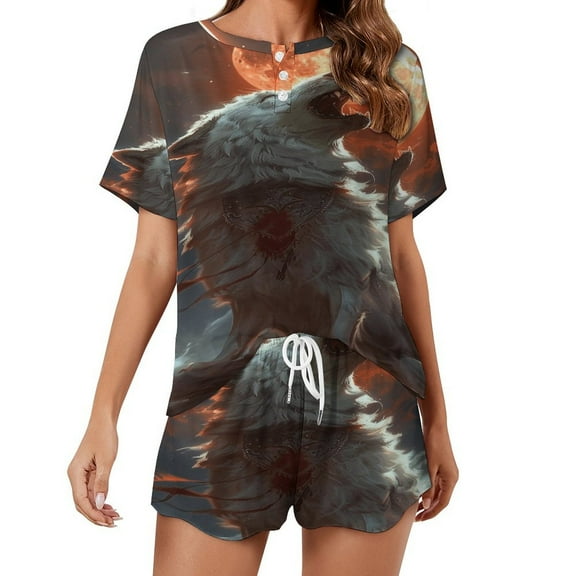 Wolves in The Moonlight 2 Pack Women’s Pajama Set Print Sleepwear And Shorts Y2k Loungewear Sets S-5XL