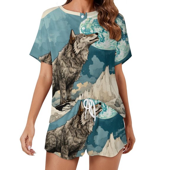 Wolves in The Moonlight 2 Pack Women’s Pajama Set Print Sleepwear And Shorts Y2k Loungewear Sets S-5XL