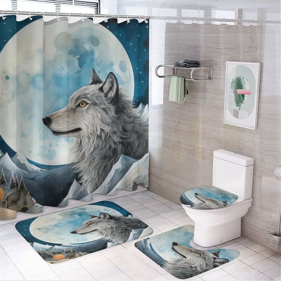 Wolves in The Moonlight 4PCS Shower Curtain Sets with Rugs with Non-Slip Bath Mat Toilet Rug,72" X 72"