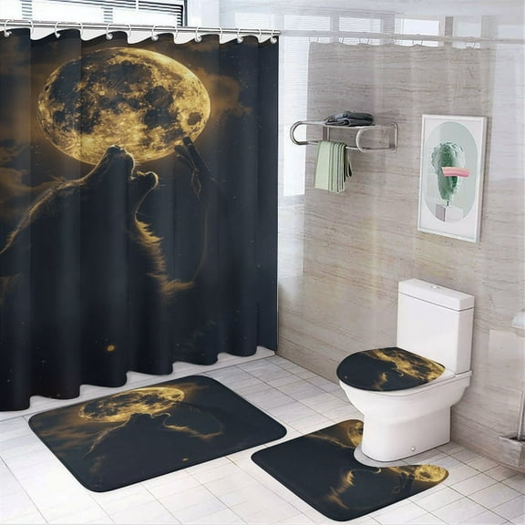 Wolves in The Moonlight 4Pcs Shower Curtain Set Shower Curtain Set with Carpet Bath Mat