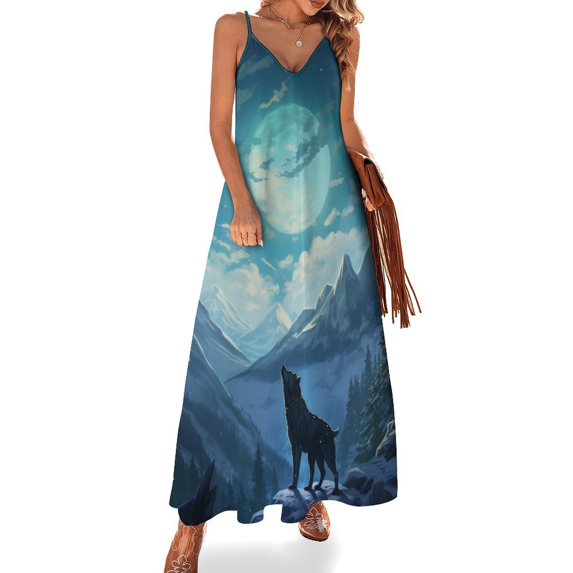 Wolves in The Moonlight Design Sleeveless Dress Woman Fashion Long Dresses Women's Summer Suit Dress 2025