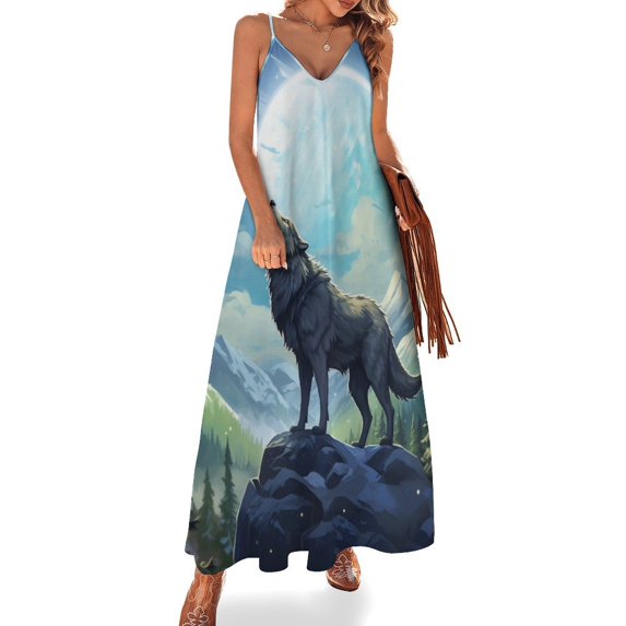 Wolves in The Moonlight Design Sleeveless Dress Woman Fashion Long Dresses Women's Summer Suit Dress 2025
