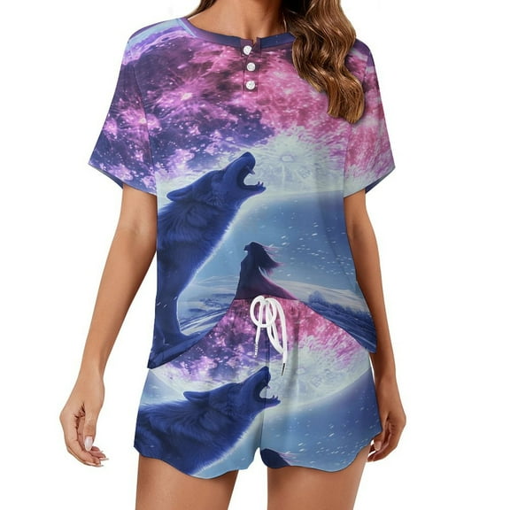 Wolves in The Moonlight Pajama Set for Women 2 Piece Sleepwear Loungewear Short Sleeve