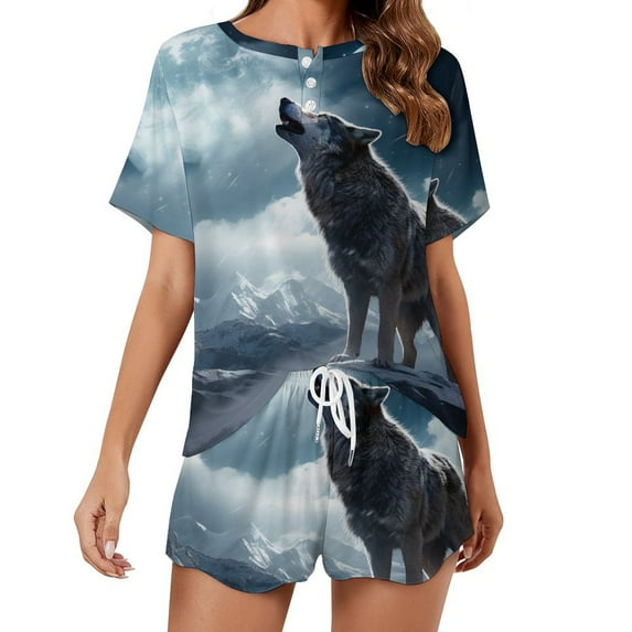 Wolves in The Moonlight Pajama Set for Women 2 Piece Sleepwear Loungewear Short Sleeve