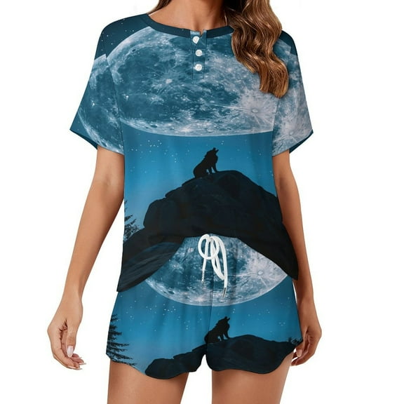 Wolves in The Moonlight Pajama Set for Women 2 Piece Sleepwear Loungewear Short Sleeve