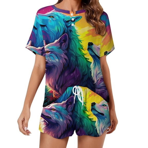 Wolves in The Moonlight Pajamas Set Womens Loungewear Sleepwear 2 Piece PJ Sets