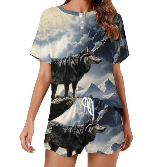 Wolves in The Moonlight Print Women'S Pajamas Set Summer Sleepwear Sets 2 Piece Lounge Set
