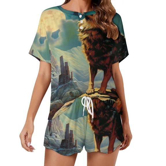 Wolves in The Moonlight Print Women'S Pajamas Set Summer Sleepwear Sets 2 Piece Lounge Set
