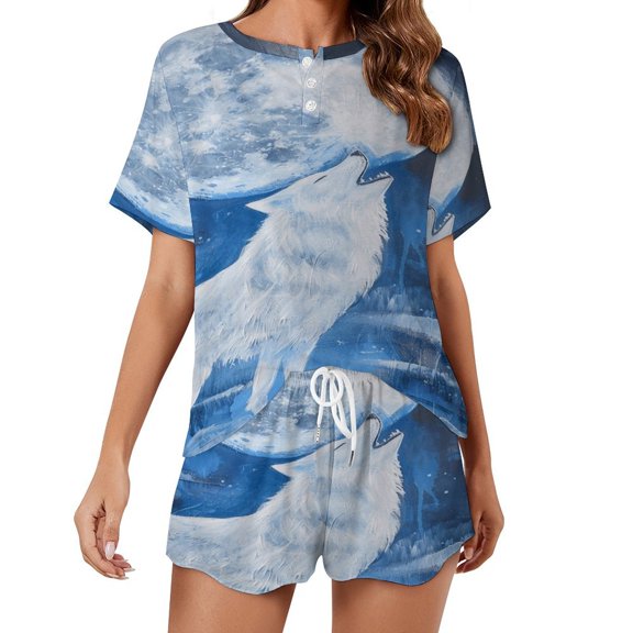 Wolves in The Moonlight Women's Ruffle Short Sleeve Tops And Shorts Cute Peeps Bunny Pajamas Sets