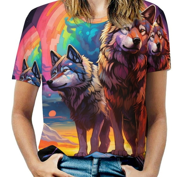 Wolves in The Moonlight Women's Short Sleeve T-Shirt Crew Neck Casual Summer Trendy Loose Fit Tops