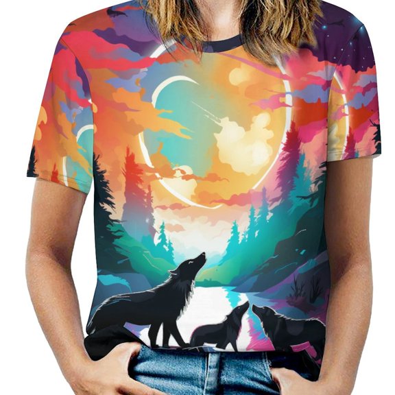Wolves in The Moonlight Women's Short Sleeve Tops Casual Blouses T Shirt