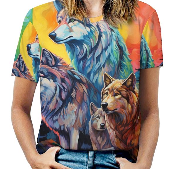 Wolves in The Moonlight Womens Tops Women's Fashion Casual Short Sleeve Flower Print Round Neck Pullover Top Blouse