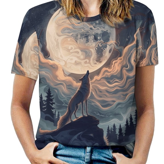 Wolves in The Moonlight Womens Tops Women's Fashion Casual Short Sleeve Flower Print Round Neck Pullover Top Blouse