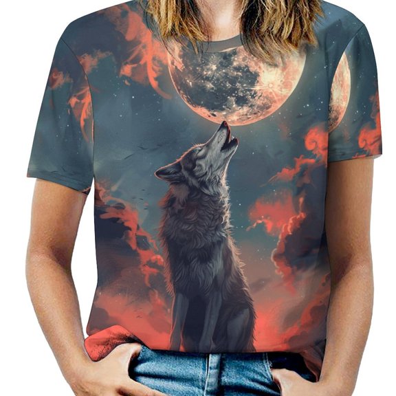Wolves in The Moonlight Womens Tops Women's Fashion Casual Short Sleeve Flower Print Round Neck Pullover Top Blouse