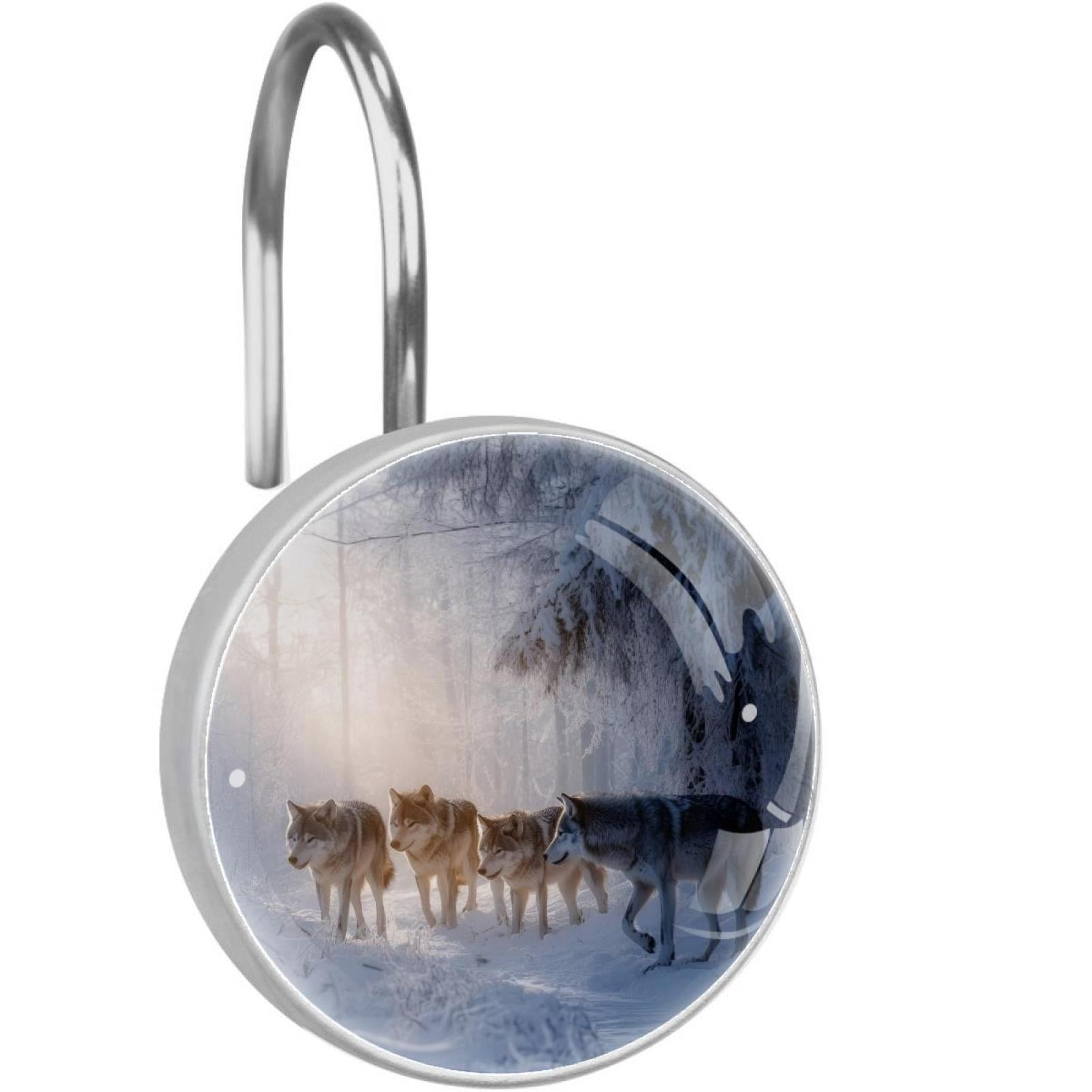 Wolves on Cold Forest Shower Curtain Hooks Round Crystal Glass, Set of 12 Shower Curtain Rings - Shower Hooks for Curtain Shower Rings
