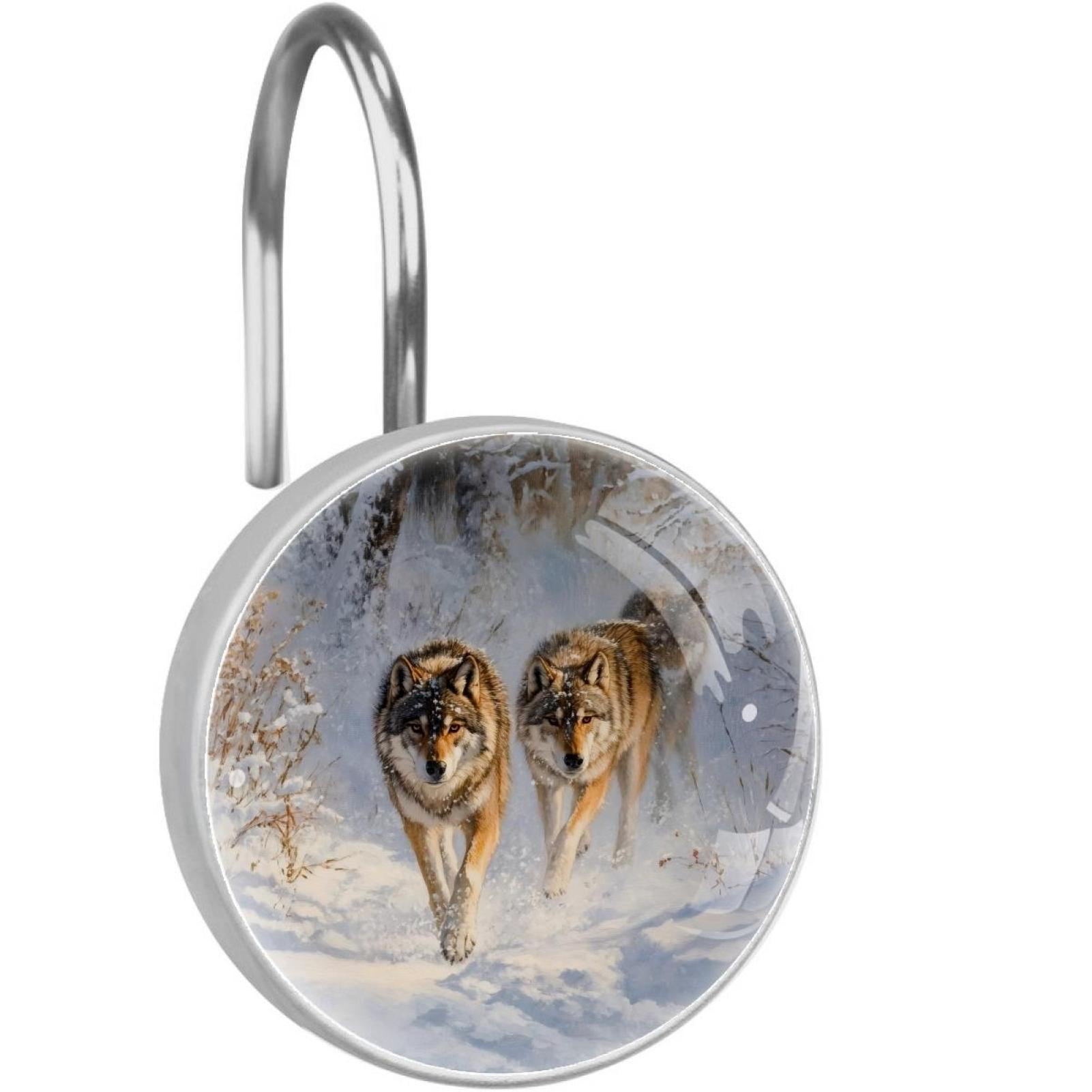 Wolves on Snow Shower Curtain Hooks Round Crystal Glass, Set of 12 Shower Curtain Rings - Shower Hooks for Curtain Shower Rings