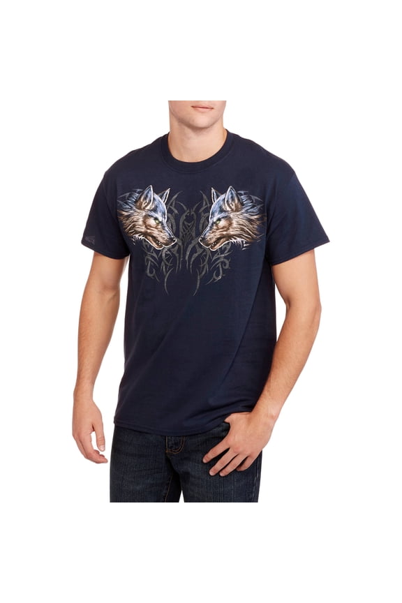 Men's Tribal Pattern Snarling Wolves Navy Relaxed Fit Short Sleeve Graphic T-Shirt