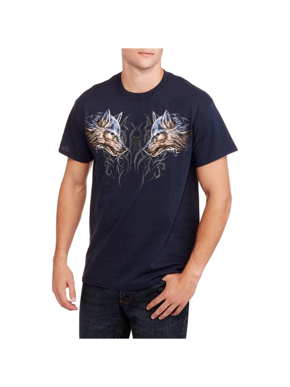 Men's Tribal Pattern Snarling Wolves Navy Relaxed Fit Short Sleeve Graphic T-Shirt