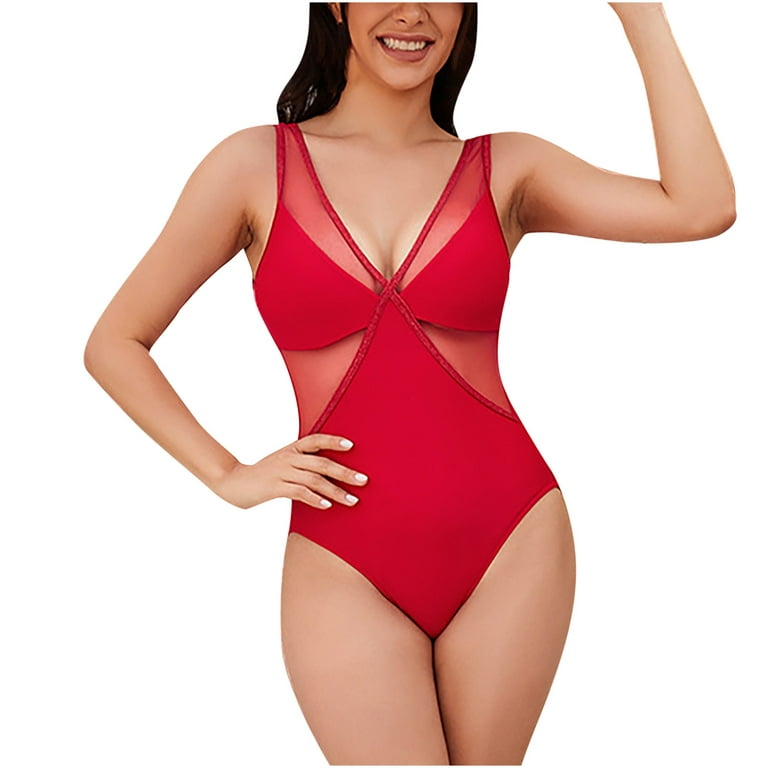 Womail Women Fashion Sexy Bikini Solid Tummy Control V Neck Cutout See  through Bathing Suits with Chest Pads Strap One Piece Beach Swimsuit 
