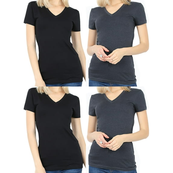 Woman 4 Pack Basic Short Sleeve Casual Loose Cotton T Shirt Top Blouse Black Charcoal 1X (ZN 3009) BLK BLK CHR CHR