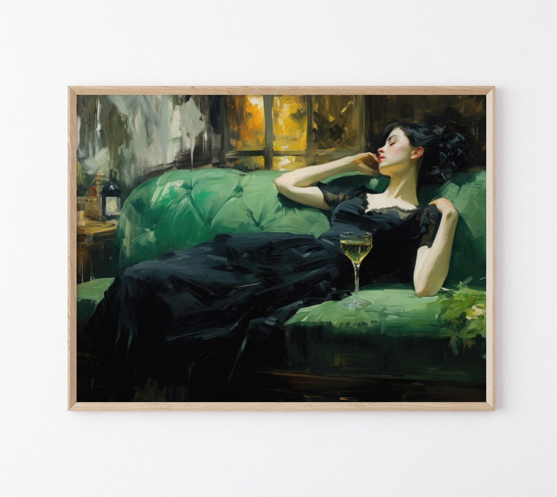 Woman After The Dance Wall Art Print, Emerald Green Moody Vintage Decor ...