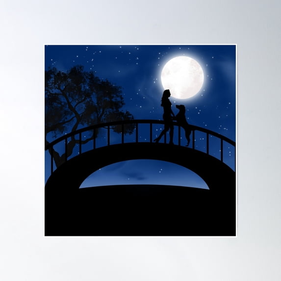 Woman And A Dog In The Moonlight On A Bridge Poster Wall Art, Modern Wall Decor, 24x24 UNFRAMED