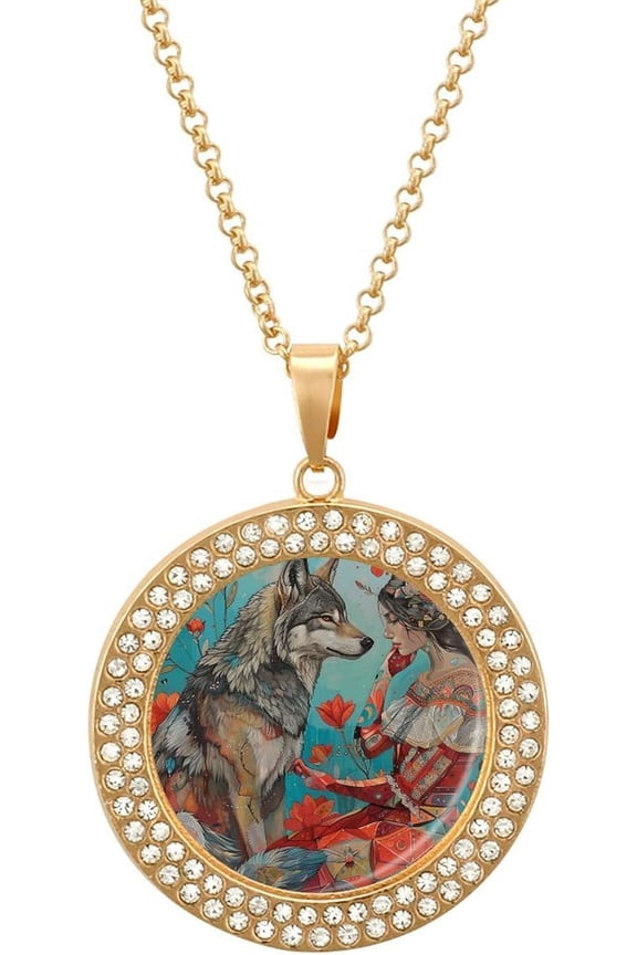 Woman And Best Wolf Multicolored Alloy Diamond Choker Necklace Round Patterned Pendants Necklace Fashion Jewelry Gift for Her Mom And Wife[o884]