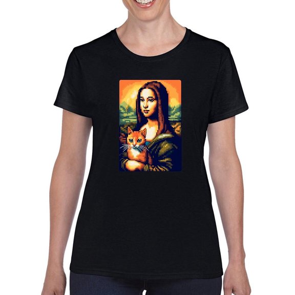 Woman And Cat In Pixel Style T-Shirt Womens -Smartprints Designs, Female Regular Fit