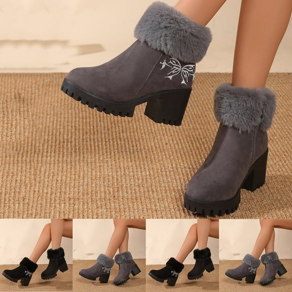 Woman Ankle Boots Chunky Heel Round Toe Thick Velvet Warm Plush Women's Winter Casual Versatile Boots Black 6