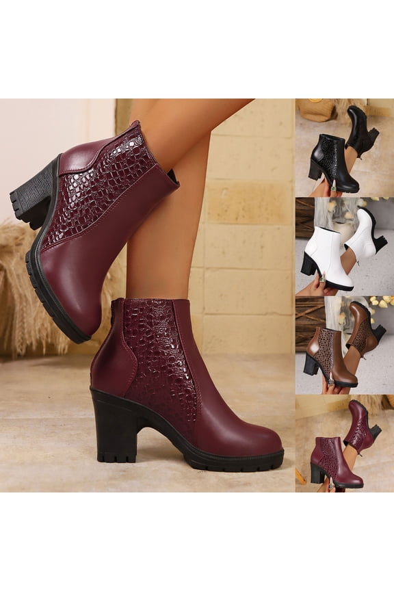 Woman Ankle Boots Chunky Heel Round Toe Zipper Solid Color Thick Heel Short Boots Womens Warm Casual Versatile Shoes Brown 7