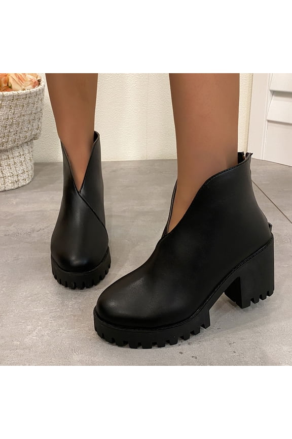 Woman Ankle Boots Round Toe Chunky Heel Thick Sole Short Boots Women's Casual Versatile Fashionable Fall Winter Trendy Short Boots