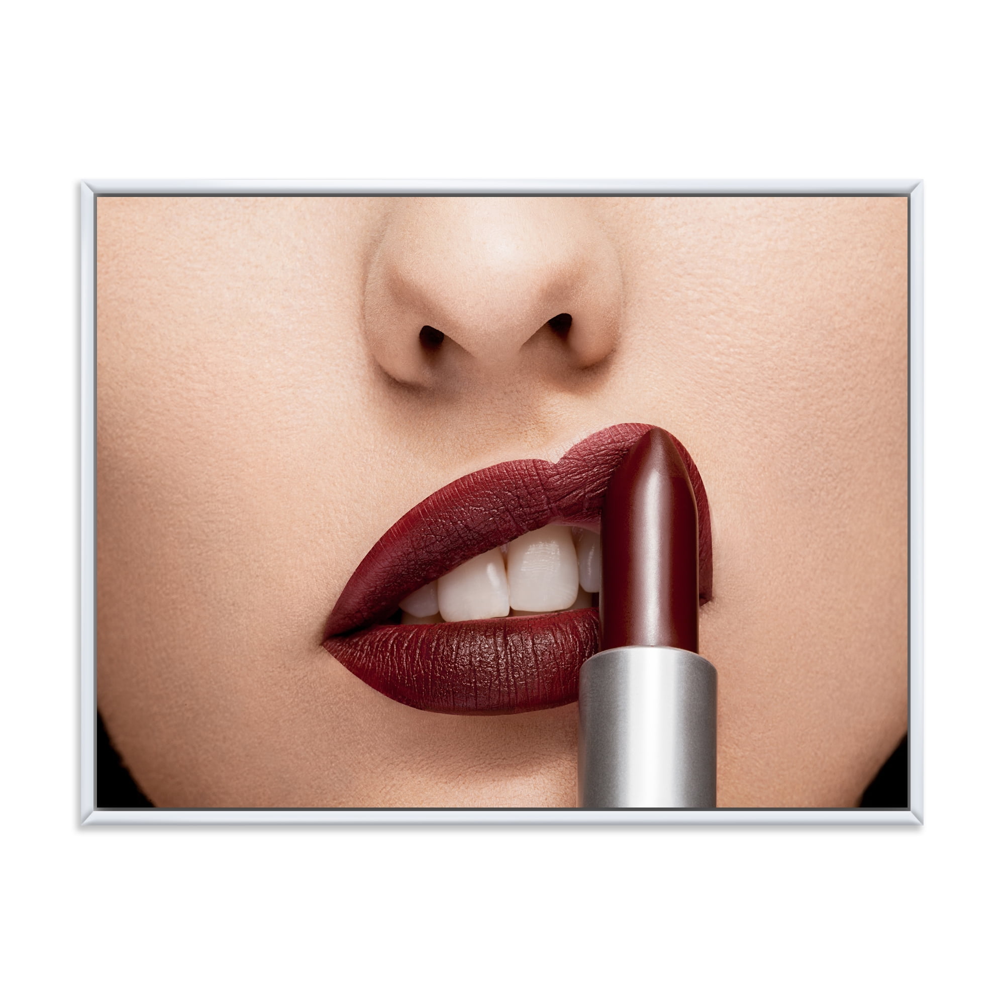 Woman Applying Red Lipstick On Lips II 20 in x 12 in Framed Painting Canvas Art Print, by Designart
