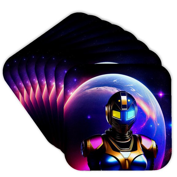 3drose, Woman Astronaut in Fantasy Space Suit. Huge Planet in the Background, Set of 8 Coasters - Soft