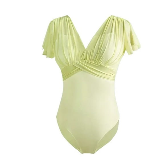 Woman Ballet Leotards Gymnastics Leotards Fake Two-Pieces V Back Short Sleeves Dance Leotard Swimsuit Adult Ballet Bodysuit
